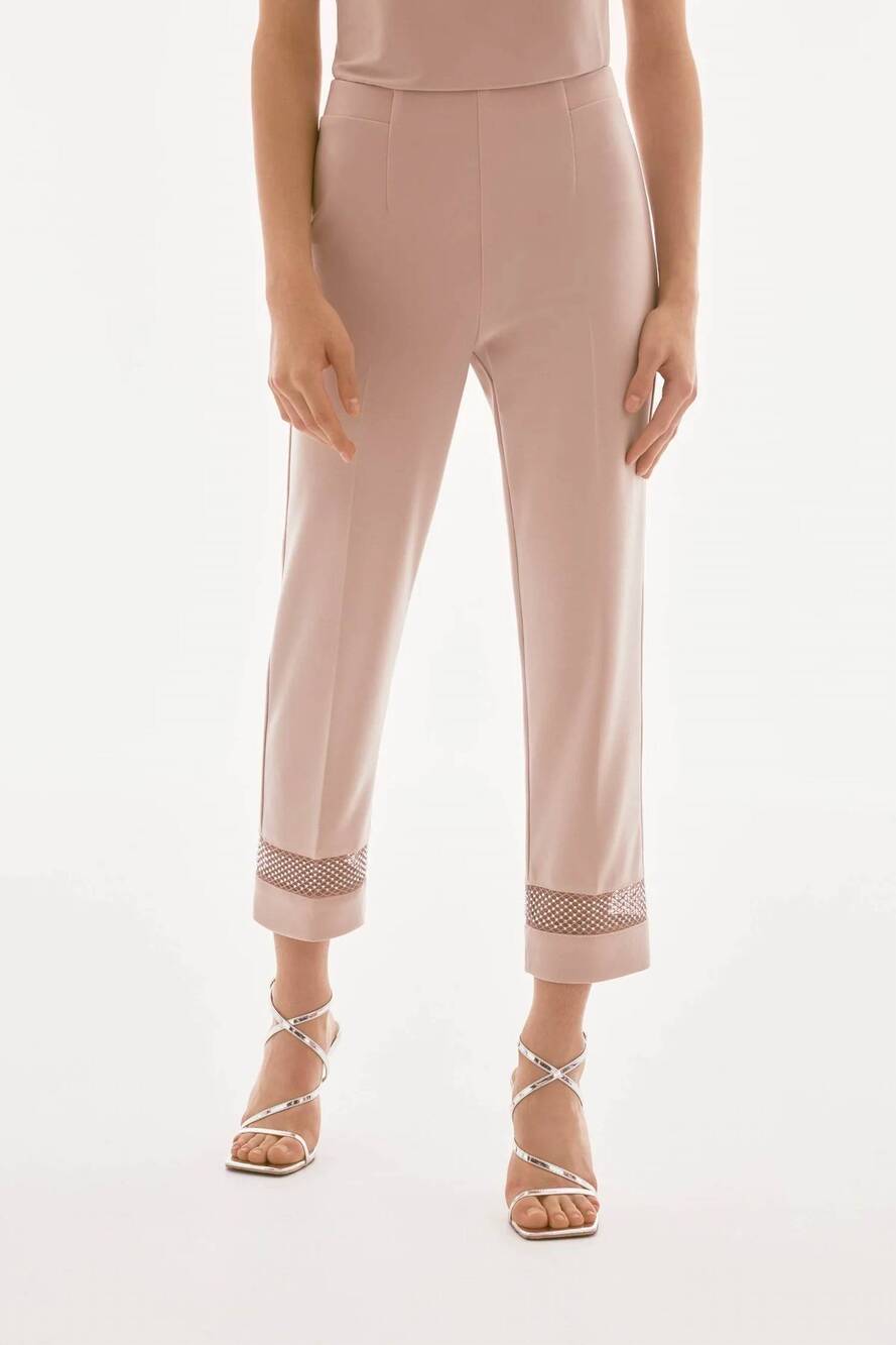NEW JOSEPH RIBKOFF silky knit and rhinestone mesh pants in sand